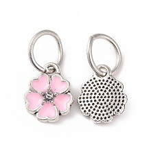 Honeyhandy Enamel Style Flower Alloy Rhinestone Charms, with Iron Findings, Antique Silver, Pink, 13.5x11x3mm, Hole: 6mm