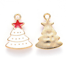 Honeyhandy Alloy Enamel Pendants, for Christmas, Christmas Tree with star, Light Gold, White, 22x16x3mm, Hole: 2mm