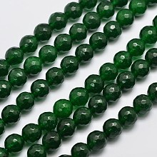 Honeyhandy Natural Malaysia Jade Bead Strands, Round, Dyed, Faceted, Dark Green, 8mm, Hole: 1.0mm, about 46pcs/strand, 14.5 inch