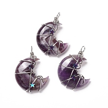 Honeyhandy Natural Amethyst Pendants, with Platinum Tone Brass Wire Wrapped and Hematite Star Beads, Cadmium Free & Lead Free, Moon, 45.5~47x32.5~33.5x11~12mm, Hole: 5mm