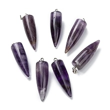 Honeyhandy Natural Amethyst Pendants, with Platinum Brass Findings, Bullet, 32~35x10~11mm, Hole: 7X3mm