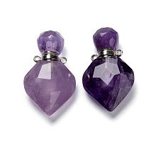 Honeyhandy Natural Amethyst Perfume Bottle Pendants, with Platinum Brass Findings, Faceted, Rhombus, 27mm, Hole: 1.4mm