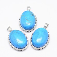 Honeyhandy Synthetic Turquoise Pendants, with Brass Findings, Oval, Platinum, 30x21x10~11mm, Hole: 6x4mm