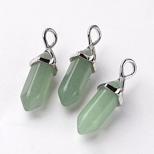 Honeyhandy Bullet Natural Green Aventurine Pendants, with Platinum Tone Random Alloy Pendant Hexagon Bead Cap Bails, 27~31x10x8mm, Hole: 4x3mm