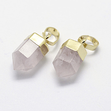 Honeyhandy Natural Rose Quartz Pointed Charms, with Brass Findings, Long-Lasting Plated, Bullet, Golden, 15x6~6.5mm, Hole: 3.5x6mm