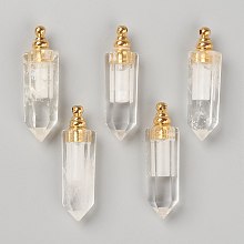 Honeyhandy Faceted Natural Quartz Crystal Pendants, Openable Perfume Bottle, with Golden Tone Brass Findings, Bullet, 46~47x13~14x11~12mm, Hole: 4.5mm, capacity: 1ml(0.03 fl. oz)