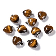 Honeyhandy Natural Tiger Eye Pendants, with Platinum Brass Loops, Heart, 18~19x15~15.5x7.5~10mm, Hole: 6x2.5~3mm