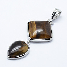 Honeyhandy Natural Tiger Eye Big Pendants, with Brass Findings, Platinum, Teardrop & Rhombus, 53x25x7mm, Hole: 6x9.5mm