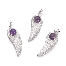 Honeyhandy Natural Amethyst Pendants, with Platinum Tone Brass Findings, Wing, 47x16x7.5mm, Hole: 7x5mm