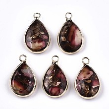 Honeyhandy Teardrop Assembled Synthetic Bronzite and Regalite/Imperial Jasper Pendants, with Iron Loop and Brass Edge, Light Gold, Dyed, Indian Red, 22~23x14x5~6mm, Hole: 2mm