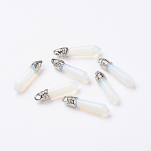 Honeyhandy Opalite Pointed Pendants, with Platinum Tone Alloy Findings, Bullet, 33~40x8~9x8~9mm, Hole: 3x4mm