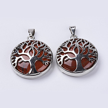 Honeyhandy Natural Red Jasper Pendants, with Platinum Plated Brass Findings, Flat Round with Tree of Life, 31x27x8mm, Hole: 3.5x7mm