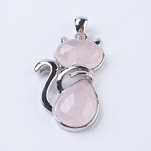 Honeyhandy Natural Rose Quartz Kitten Pendants, with Brass Findings, Cat Silhouette Shape, Platinum, 45x27x8mm, Hole: 5x7mm