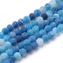 Honeyhandy Natural & Dyed Crackle Agate Bead Strands, Frosted Style, Round, Blue, 10mm, Hole: 1.2mm, about 37~40pcs/strand, 14.9~15.1 inch(38~38.5cm)