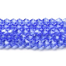 Honeyhandy Transparent Electroplate Glass Beads Strands, Pearl Luster Plated, Faceted, Bicone, Light Blue, 4x4mm, Hole: 0.8mm, about 82~85pcs/strand, 30.5~31cm