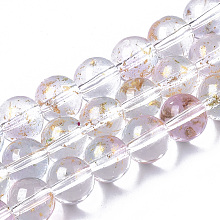 Honeyhandy Transparent Spray Painted Glass Bead Strands, with Golden Foil, Round, Lavender Blush, 8~9mm, Hole: 1.2~1.5mm, about 46~56pcs/Strand, 14.37 inch~16.3 inch(36.5~41.4cm)