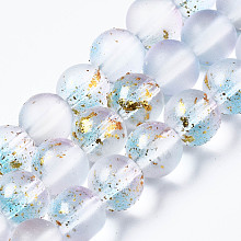 Honeyhandy Frosted Spray Painted Glass Beads Strands, with Golden Foil, Round, Lavender Blush, 8~9mm, Hole: 1.2~1.5mm, about 46~56pcs/Strand, 14.37 inch~16.3 inch(36.5~41.4cm)