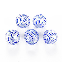 Honeyhandy Transparent Handmade Blown Glass Globe Beads, Stripe Pattern, Round, Blue, 13~14.5mm, Hole: 1~2mm