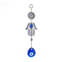 Honeyhandy Handmade Lampwork Evil Eye Pendant Decorations, with Glass Rhinestone, Iron Chain, Iron Ring & Alloy Enamel Finding, Hamsa Hand, Antique Silver & Platinum, 225mm, Hole: 13.5x10mm