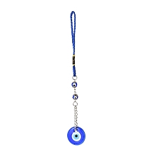 Honeyhandy Flar Round with Evil Eye Glass Big Pendant Decorations, with Resin Beads, Alloy Findings,  Iron Findings, Polyester Cord, Wall Hanging Decoration, Antique Silver & Platinum, 210mm