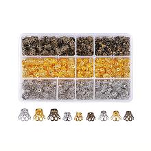 PandaHall Elite 840 pcs 3 Sizes 3 Colors Flower Shape Iron Flower Petal Bead Caps Spacers for Earring Bracelet Necklace DIY Jewelry Making, Golden/Antique Bronze/Platinum