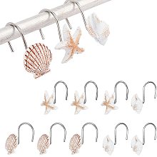 Pandahall Elite 12pcs 3 Styles Shower Curtain Hooks Conch Starfish Shells Iron Decorative Resin Hooks Beach Curtain Rings for Bathroom, Baby Room, Bedroom, Living Room Decor