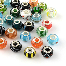 Honeyhandy Rondelle Mixed Style Handmade Lampwork European Large Hole Beads, with Silver Color Plated Brass Cores, Mixed Color, 14x9~10mm, Hole: 5mm