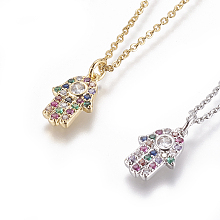 Honeyhandy 304 Stainless Steel Pendant Necklaces, with Brass Cubic Zirconia Pendants, Religion, Hamsa Hand/Hand of Fatima/Hand of Miriam, Mixed Color, 17.32 inch~17.71 inch(44~45cm), Pendant: 15x10x2.5mm