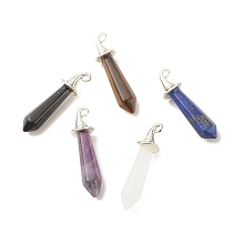 Honeyhandy Natural Mixed Gemstone Pointed Pendants, with Antique Silver Tone Alloy Hat Findings, Faceted, Sword, 40~42.5x10.5x11mm, Hole: 2mm