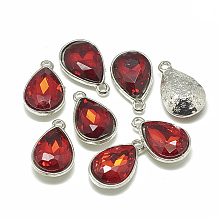 Honeyhandy Alloy Glass Pendants, Faceted, teardrop, Platinum, Red, 19x12x6mm, Hole: 1.5mm