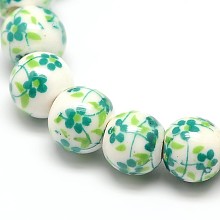 Honeyhandy Handmade Flower Printed Porcelain Ceramic Beads Strands, Round, Light Sea Green, 6mm, Hole: 2mm, about 60pcs/strand, 15.1 inch