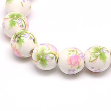 Honeyhandy Handmade Flower Printed Porcelain Ceramic Beads Strands, Round, Pale Green, 10mm, Hole: 2mm, about 35pcs/strand, 13.5 inch