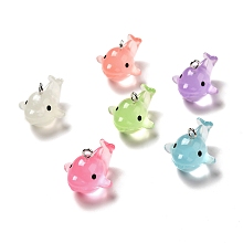 Honeyhandy Luminous Translucent Resin Pendants, Shark Charm, with Platinum Tone Iron Loops, Mixed Color, 20.5x23x27mm, Hole: 2.5mm