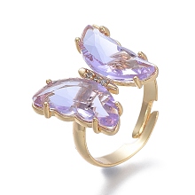 Honeyhandy Adjustable Brass Glass Finger Rings, with Clear Cubic Zirconia, Butterfly, Golden, Lilac, Size 7, Inner Diameter: 17mm