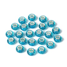 Honeyhandy Rondelle Resin European Beads, Large Hole Beads, with Glitter Powder and Platinum Tone Brass Double Cores, Deep Sky Blue, 13.5x8mm, Hole: 5mm