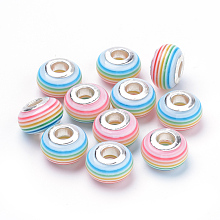 Honeyhandy Resin European Beads, Large Hole Beads, with Silver Plated Brass Double Cores, Stripe, Rondelle, Pink, 14x8~8.5mm, Hole: 5mm