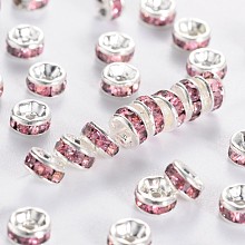 Honeyhandy Brass Grade A Rhinestone Spacer Beads, Silver Color Plated, Nickel Free, Rose, 4x2mm, Hole: 0.8mm