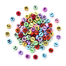 Honeyhandy Craft Mixed Color Acrylic Beads, Flat Round with Black Letter, 6~7x3.5~4mm, Hole: 2mm, about 100pcs/bag