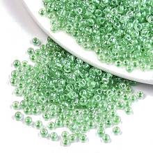 Honeyhandy 6/0 Glass Seed Beads, Transparent Inside Colours Luster, Round Hole, Round, Lime Green, 6/0, 4~5x2.5~4.5mm, Hole: 1.2mm, about 4500pcs/bag