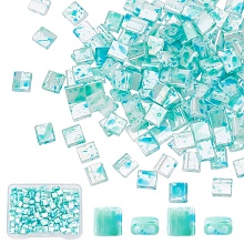 CREATCABIN 200pcs 2-Hole Glass Seed Beads, Opaque Spray Painted, Rectangle, Pale Turquoise, 5x4.5~5x2~2.5mm, Hole: 0.5~0.8mm