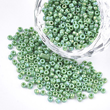 Honeyhandy Opaque Glass Seed Beads, Rainbow Plated, Round, Medium Sea Green, 4mm, Hole: 1.5mm, about 4500pcs/bag