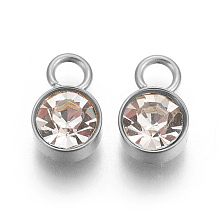 Honeyhandy Glass Rhinestone Charms, Birthstone Charms, with Stainless Steel Color Tone 201 Stainless Steel Findings, Flat Round, Crystal, 10x6x5mm, Hole: 2mm