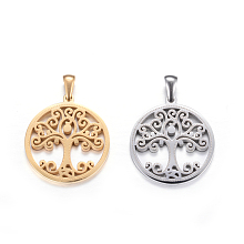 Honeyhandy 304 Stainless Steel Pendants, Flat Round with Tree of Life, Mixed Color, 27.5x25x2mm, Hole: 7x3mm