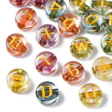 ARRICRAFT Transparent Electroplate Acrylic Beads, Flat Round with Mixed Letter, Mixed Color, 7x4mm, Hole: 1.5mm, about 3600~3700pcs/500g