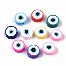 Honeyhandy Handmade Polymer Clay Beads, Flat Round with Evil Eye, Mixed Color, 10.5~12.5x3.5~4.5mm, Hole: 1.5mm