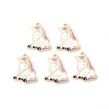 Honeyhandy Alloy Enamel Pendants, Unicorn, Light Gold, White, 22x18x3mm, Hole: 1.8mm