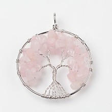 Honeyhandy Tree of Life Natural Rose Quartz Big Pendants, with Brass Findings, Platinum, 63~65x49~51x8~10mm, Hole: 8~10mm