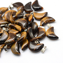 Honeyhandy Moon Natural Tiger Eye Pendants, with Platinum Tone Brass Findings, 21~24x12~14x5~6mm, Hole: 2x7mm