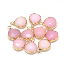 Honeyhandy Natural White Jade Pendants, with Nickel Free Brass Findings, Faceted, Dyed, teardrop, Golden, Pink, 17.5x13.5x6.5mm, Hole: 2mm