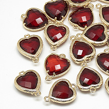 Honeyhandy Glass Links connectors, with Golden Tone Brass Findings, Faceted, Heart, FireBrick, 15x10x3mm, Hole: 1mm